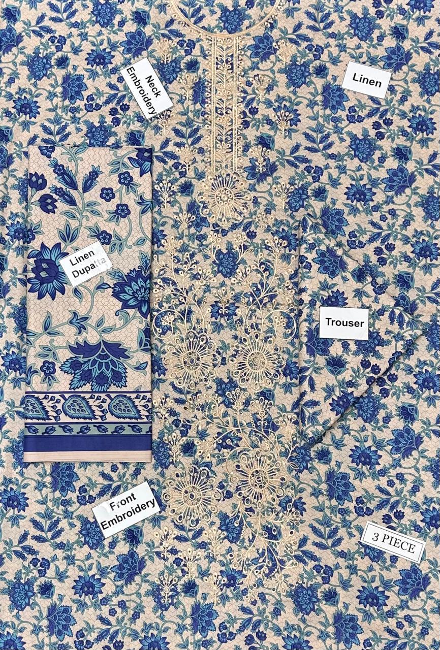 Bonanza Satrangi Embroidered Printed Linen 3-Piece Suit