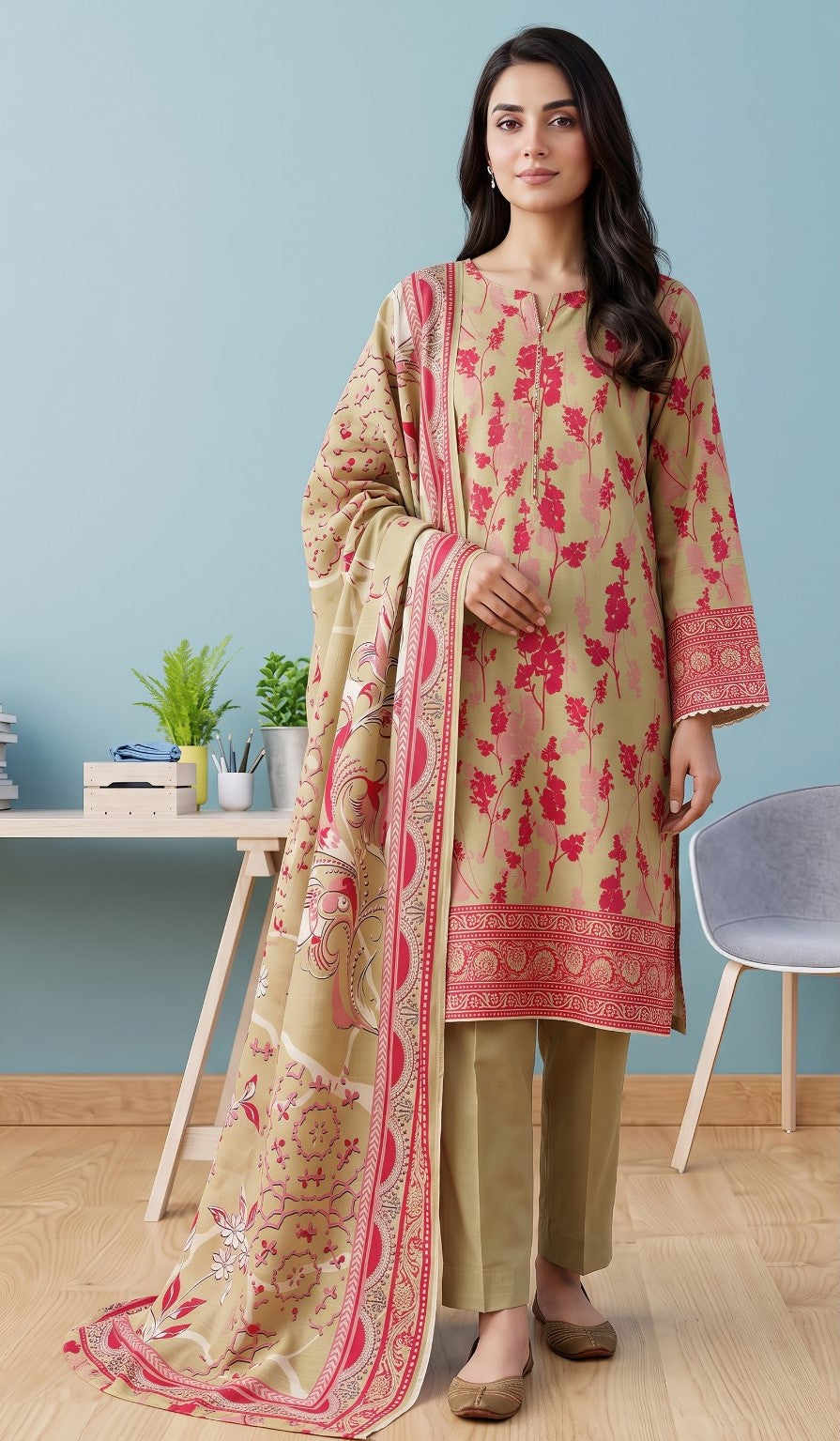 Khaadi Printed Khaddar 3-Piece Suit