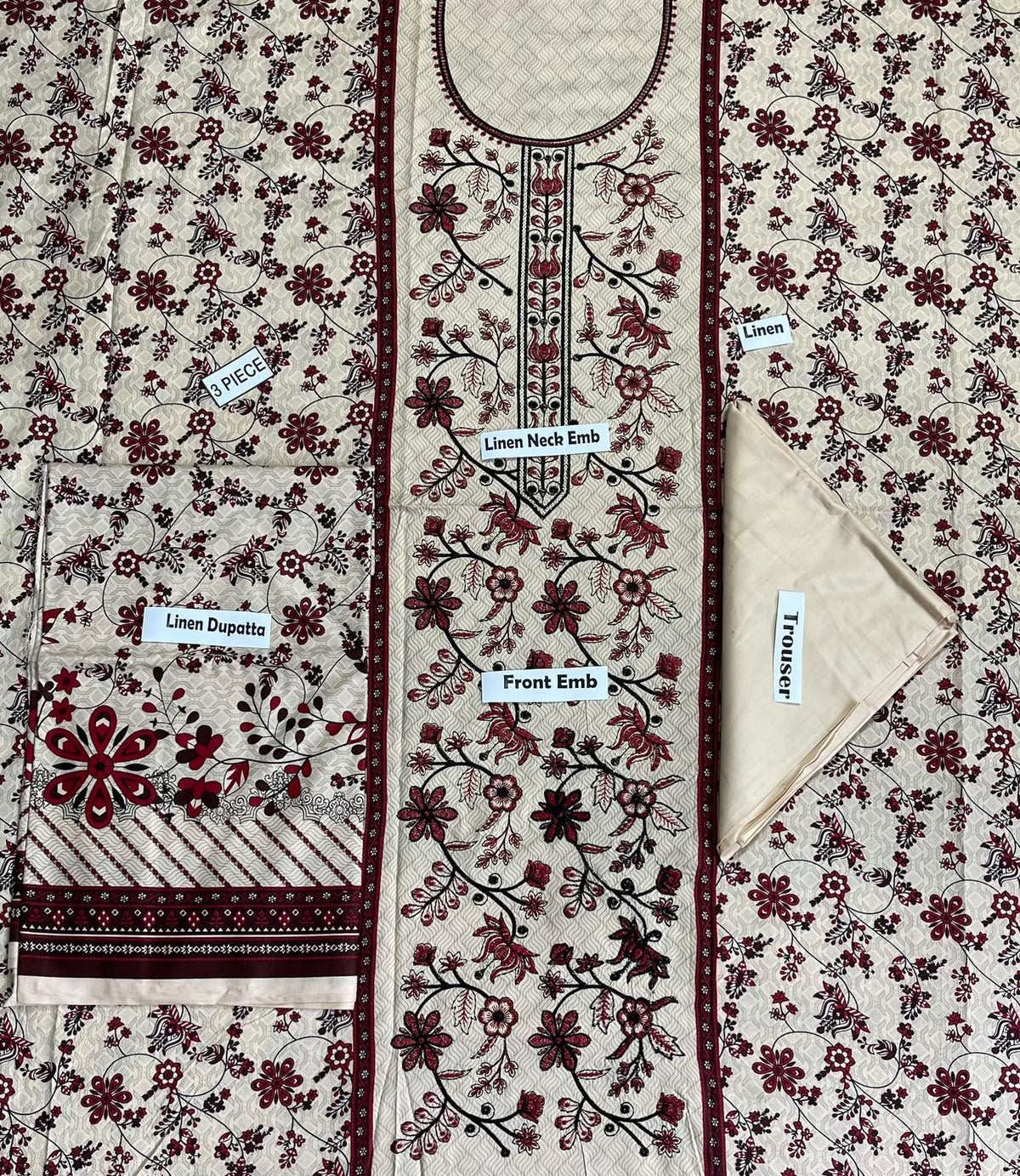 Khaadi Embroidered Printed Linen 3-Piece Suit