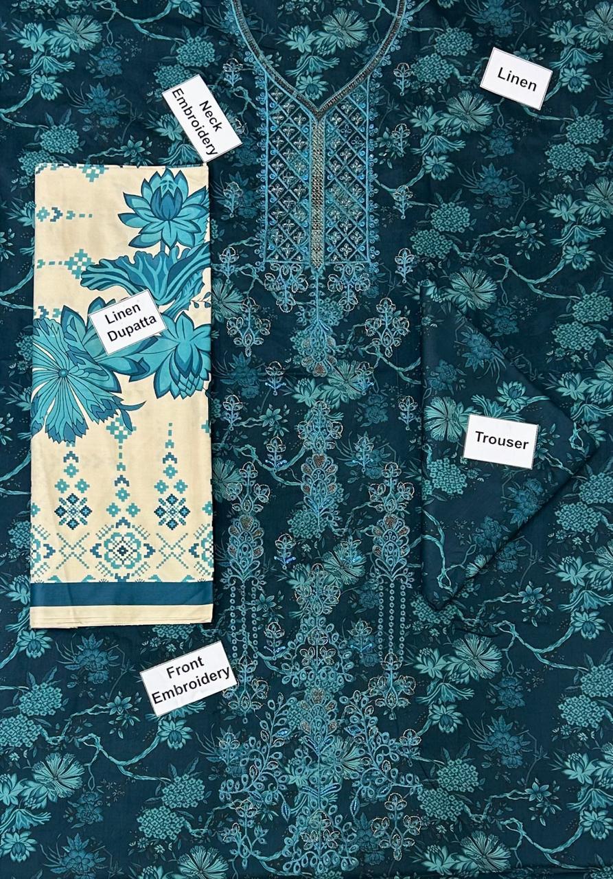 Sapphire Embroidered Printed Linen 3-Piece Suit