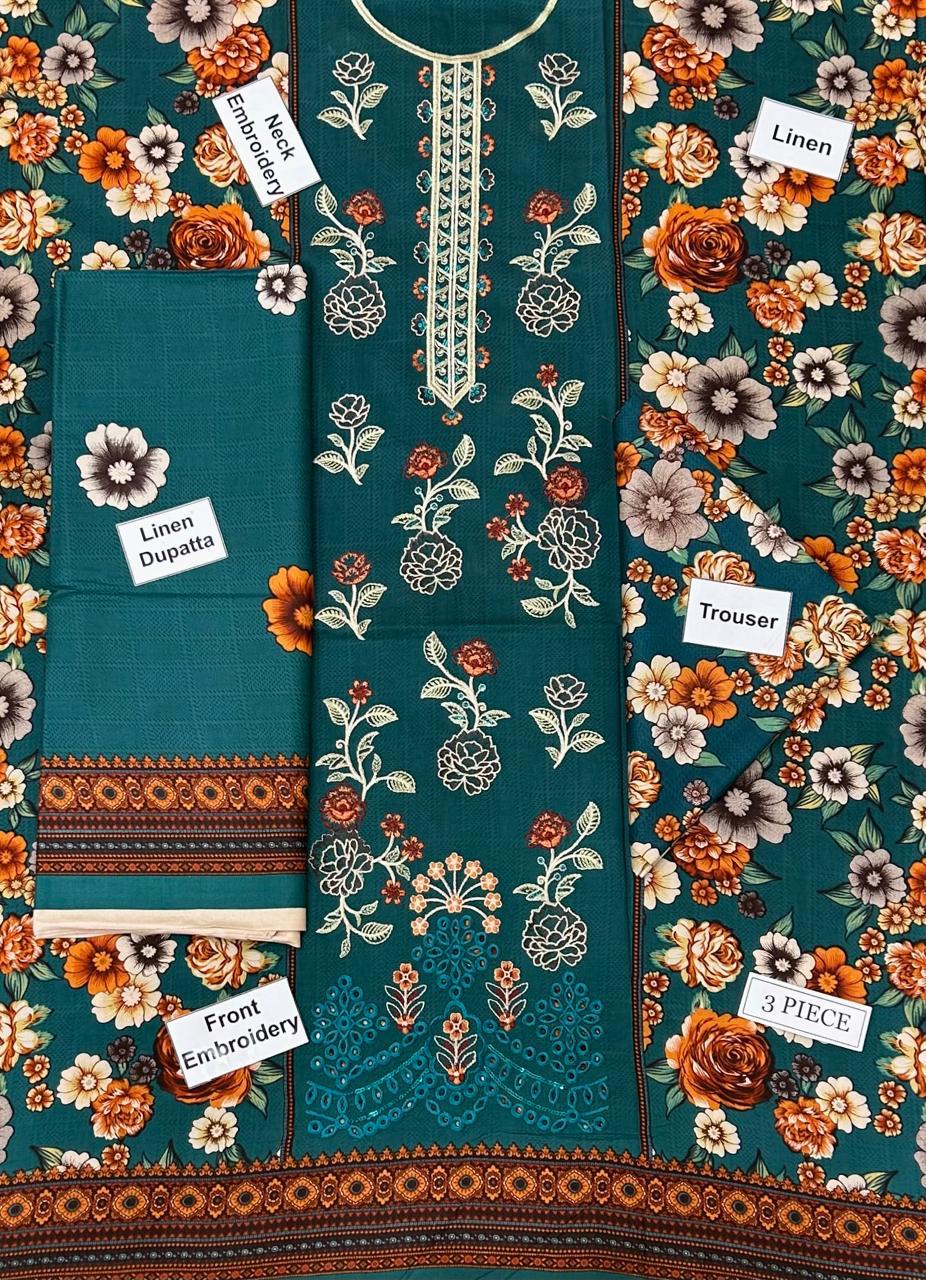 Bonanza Satrangi Embroidered Printed Linen 3-Piece Suit