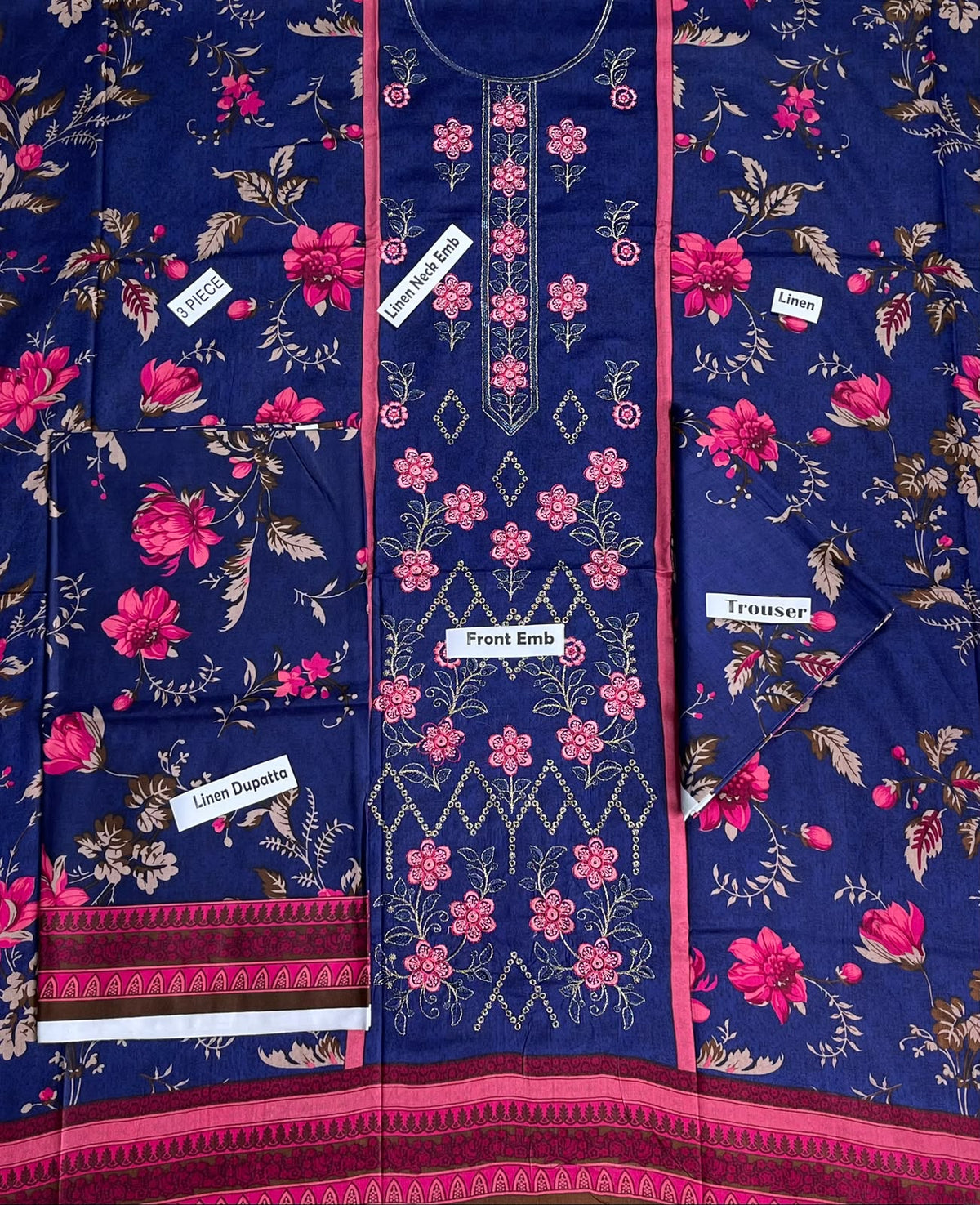 Sapphire Embroidered Printed Linen 3-Piece Suit