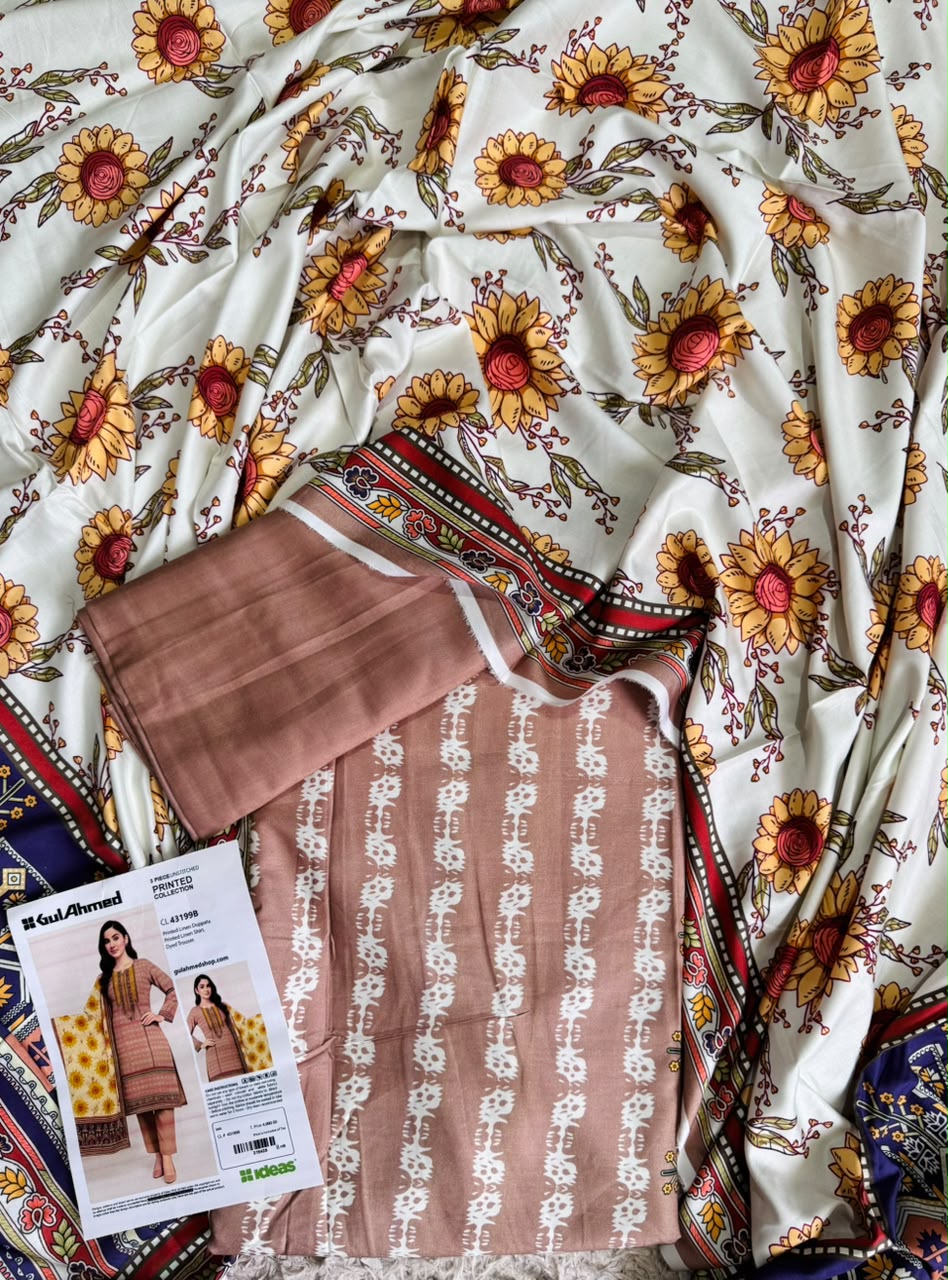 Gul Ahmed Printed Linen 3 Piece Unstitched Suit | Premium Winter Collection