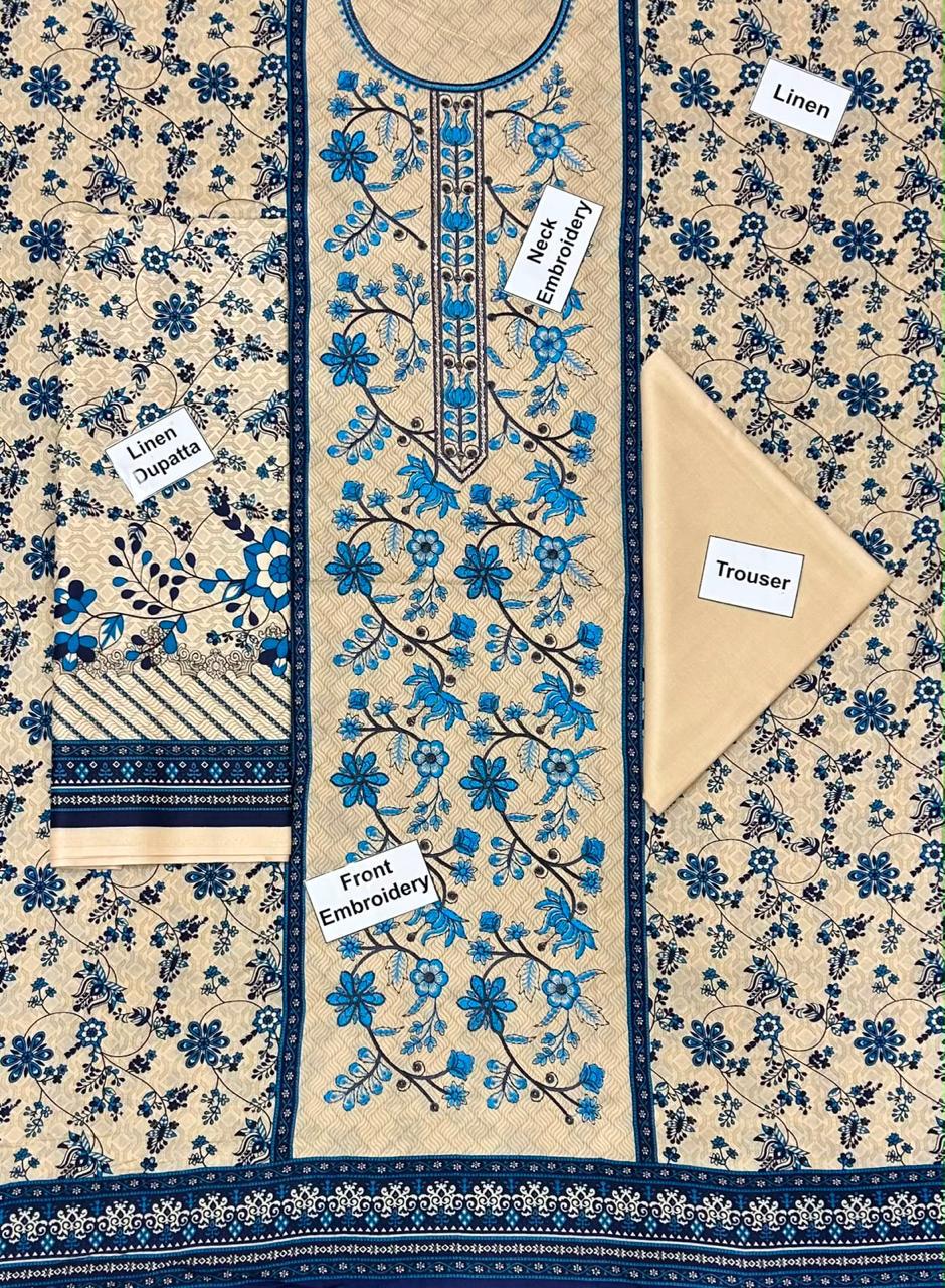 Khaadi Embroidered Printed Linen 3-Piece Suit