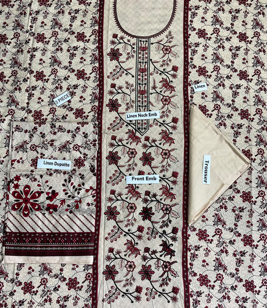 Khaadi Embroidered Printed Linen 3-Piece Suit