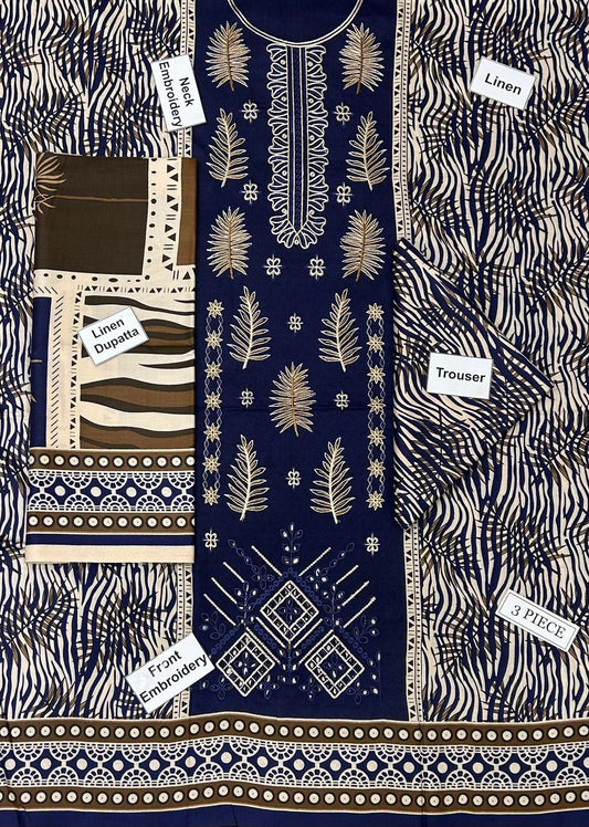 Bonanza Satrangi Embroidered Printed Linen 3-Piece Suit