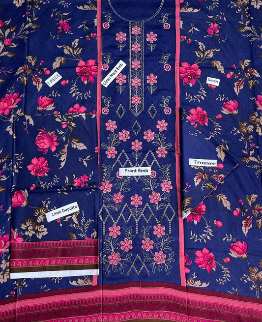 Sapphire Embroidered Printed Linen 3-Piece Suit