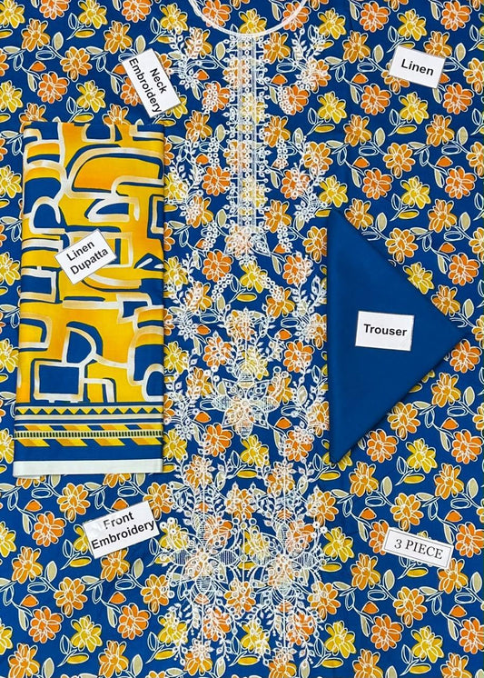 Khaadi Embroidered Printed Linen 3-Piece Suit