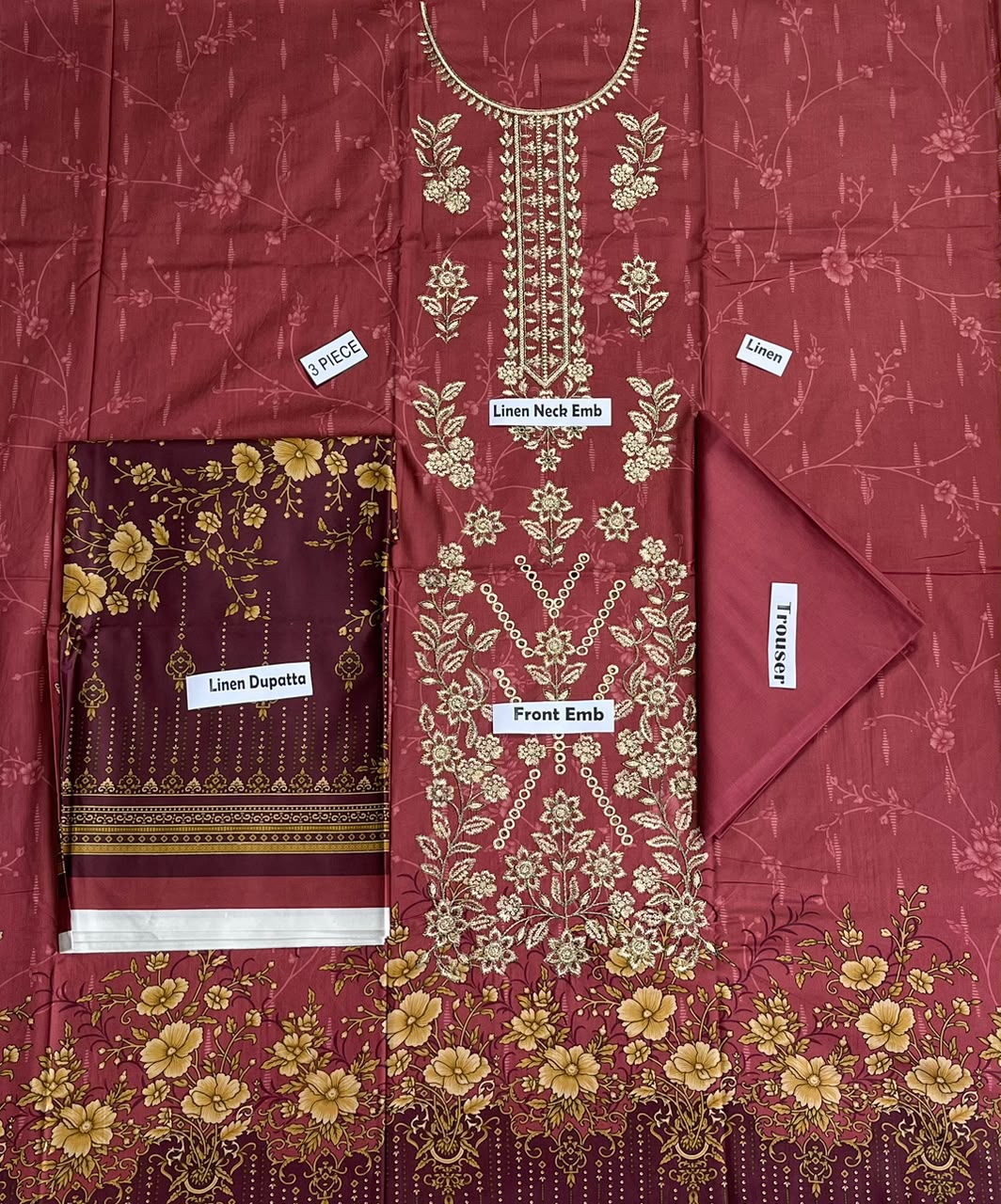 Khaadi Embroidered Printed Linen 3-Piece Suit