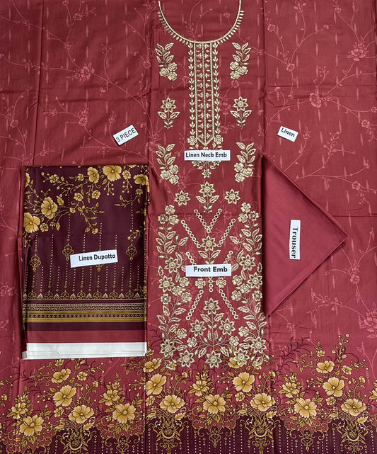 Khaadi Embroidered Printed Linen 3-Piece Suit