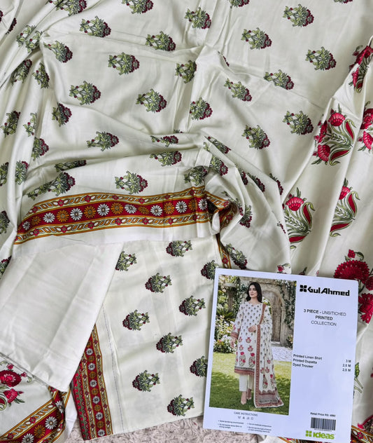 Gul Ahmed Printed Linen 3 Piece Unstitched Suit | Premium Winter Collection