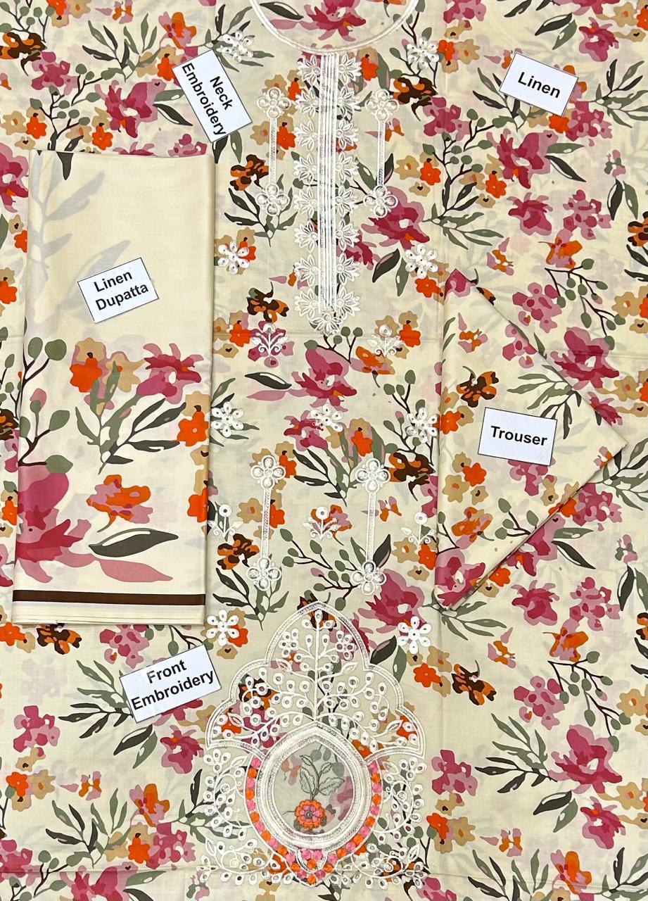 Sapphire Embroidered Printed Linen 3-Piece Suit