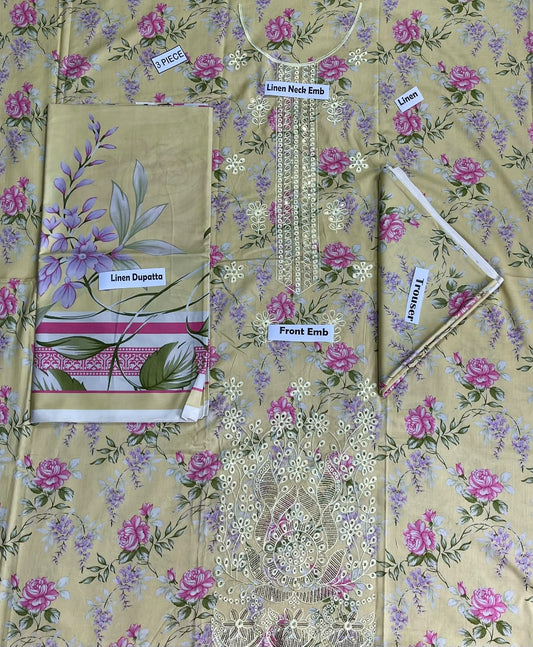 Bonanza Satrangi Embroidered Printed Linen 3-Piece Suit