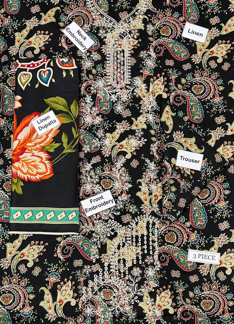 Bonanza Satrangi Embroidered Printed Linen 3-Piece Suit