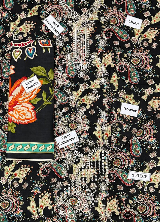 Bonanza Satrangi Embroidered Printed Linen 3-Piece Suit