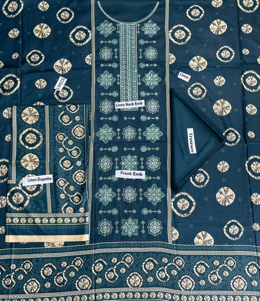 Khaadi Embroidered Printed Linen 3-Piece Suit
