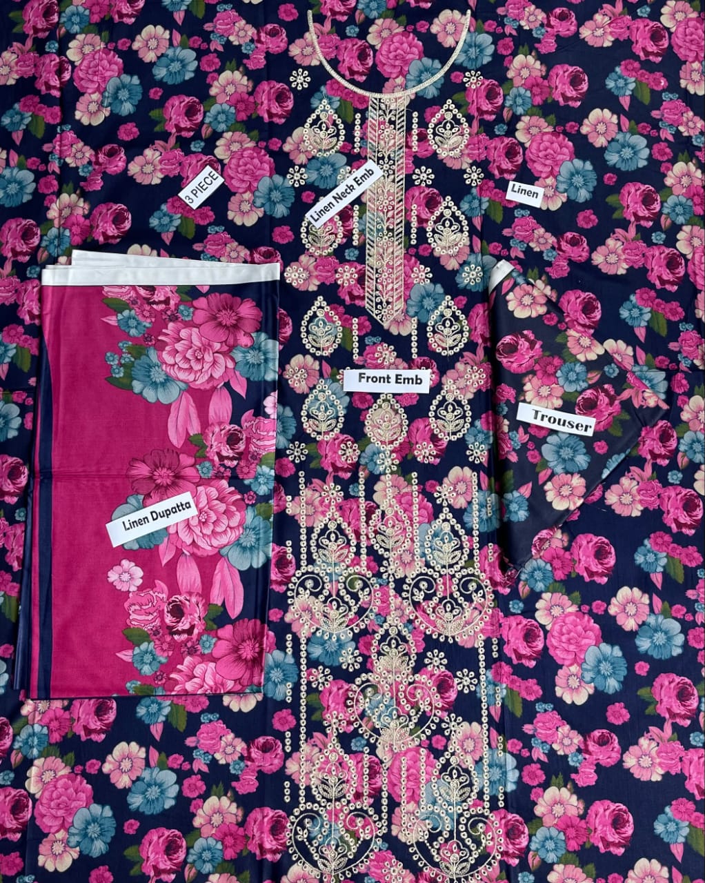 Sapphire Embroidered Printed Linen 3-Piece Suit
