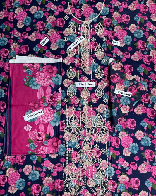 Sapphire Embroidered Printed Linen 3-Piece Suit