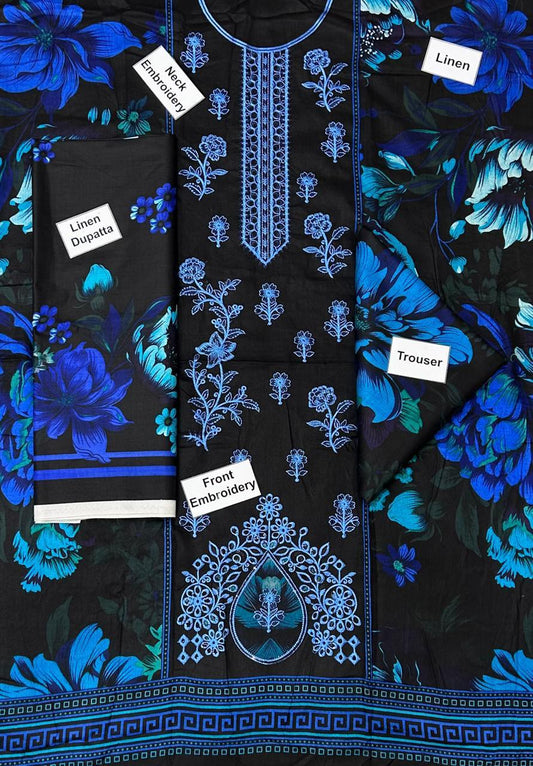 Bonanza Satrangi Embroidered Printed Linen 3-Piece Suit