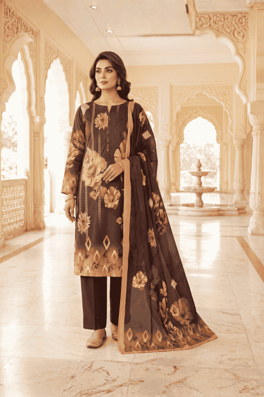 Alkaram Printed Slub Linen 3 Piece Unstitched Suit